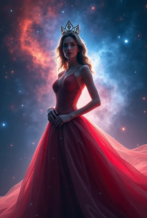 Design a beauty contest poster with a beauty queen figure holding a black crown, emphasizing a white, red, and blue background with a universe theme with stars.