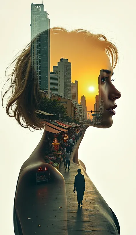 Create a image 9:18 A stunning double exposure artwork combines the silhouette of a blonde Brazilian woman with blue eyes and short hair in double exposure with a vibrant Thai cityscape. In this cityscape there must be two people, a small and humble Thai l...