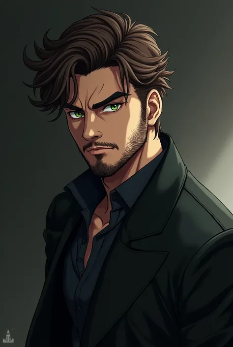 an anime look of a young handsome man with a menacing look, bad boy look, has a beard, deep green eyes and brown hair. Hes wearing a long black jacket