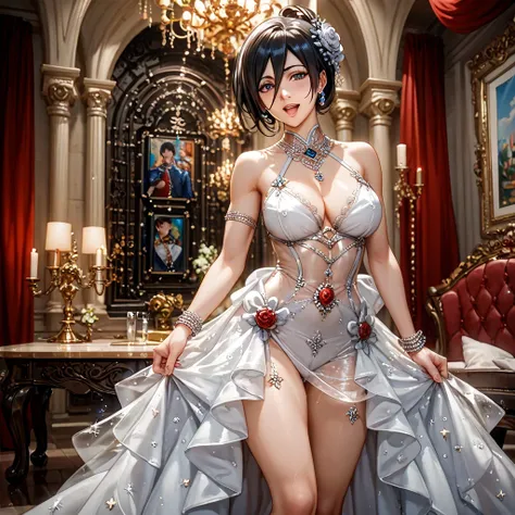 (( top quality)), ((masterpiece)), ( Details), （ perfect face）、The woman who went from being a concubine in Harlem to becoming a regular wife is a dark-haired Mikasa Ackerman, wears a gorgeous and glittering see-through dress in a luxurious room, wears gor...