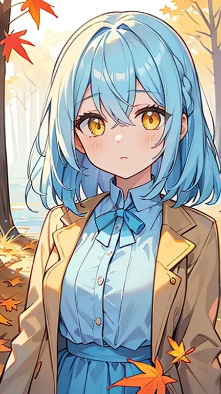 (( A woman with light blue bifurcated hair and yellow eyes)),((Im wearing light blue autumn clothes)),bangs, hair between eyes