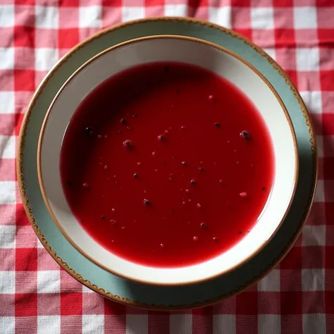 photo from above of polish borscht soup on red and white checkered tablecloth for restaurant menu