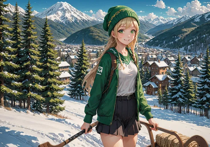 Anime Style,  1 girl ,smile、Mitsuba,Knitted hat,Sled,summer,Mountain,Little snow,sun, LONG PANTS,  dark eyes, black skirt, long hair,   blonde hair,  Knitted clothing, green, Long Sleeve ,  loose dress ,  long skirt ,  are so pretty,  high definition , 4K,...