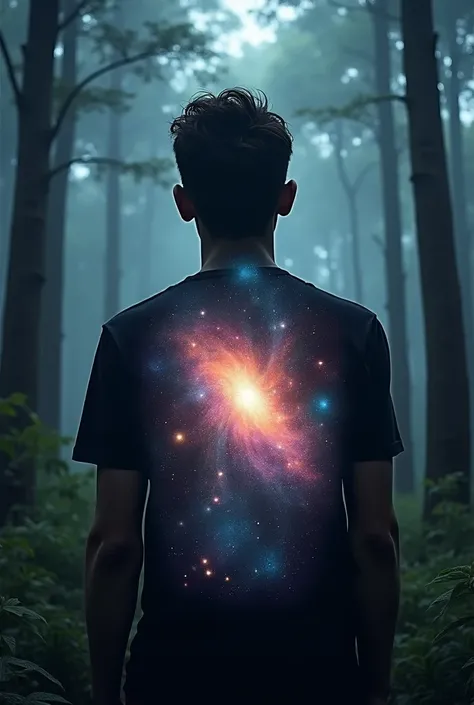 A silhouette of a person standing in a tranquil forest, with a glowing galaxy inside their chest, symbolizing the infinite cosmos within. Stars, nebulae, and cosmic light radiate softly from the figure, blending with the natural surroundings