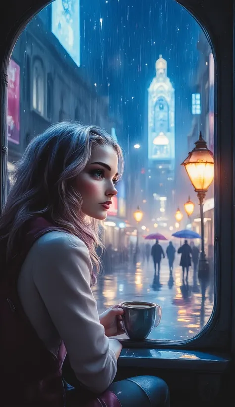  woman looking out the window with a cup of coffee ,  sees people walking with umbrellas down the street illuminated by a lantern,  torrential rain , puddles on the street , The glass has drops of water falling , chiaroscuro, cinematic lighting, UHD, Retin...