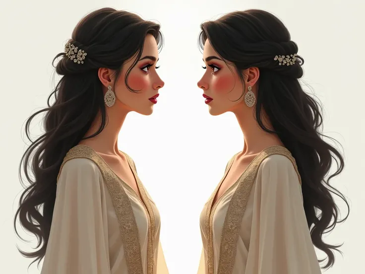 A beautiful Arab girl stands in front of a girl who looks like her in everything, the same clothes, the same features, and she is shocked by what she sees, illustrations 