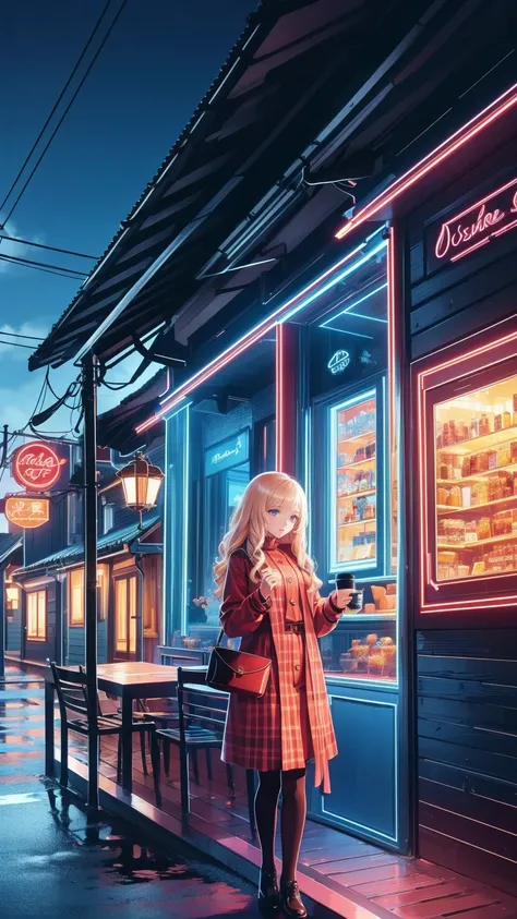 " Detailed illustration of a young girl sting in front of a cozy coffee shop.  she has long blond hair 、  wears a black turtleneck  ,  red skirt  , 、large plaid coat  .  coffee shop behind her  、  warm lighting with visible signs  . the mood is calm peacef...