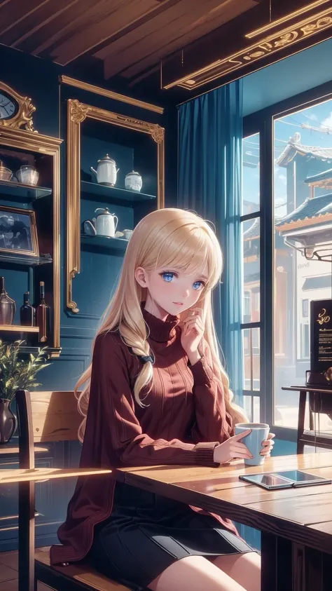 " Detailed illustration of a young girl sting in front of a cozy coffee shop.  she has long blond hair 、  wears a black turtleneck  ,  red skirt  , 、large plaid coat  .  coffee shop behind her  、  warm lighting with visible signs  . the mood is calm peacef...