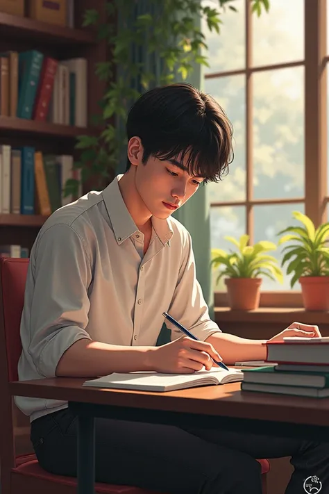 make an drawing of a male student is studying