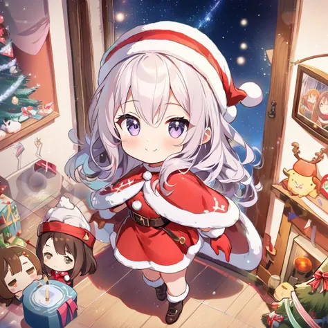 masterpiece, best quality, 4k、((2D illustration))、one beautiful girl、(((chibi style)))、solo、((pretty))、((lens flare))、((warm colors))、((long beautiful hair)), glossy light silver hair, gradient hair color, hair between eyes, beautifully detailed eyes, ((Sa...