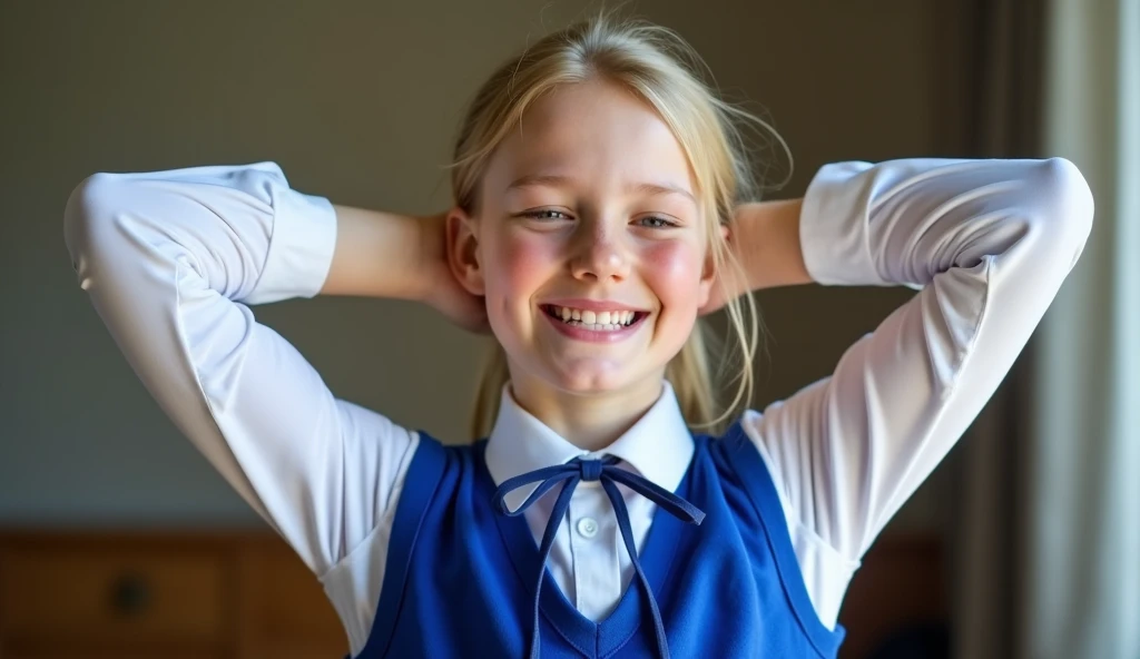 Happy blonde post-teen sixteen year old girl in a realistic half-body shot, wearing a formal high school uniform: a white long-sleeve blouse under a royal blue sleeveless jumper dress, with a thin blue ribbon at the collar. She shows sweat patches under he...