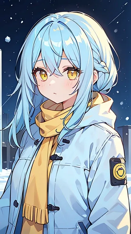 (( A woman with light blue bifurcated hair and yellow eyes)),((Im wearing light blue winter clothes)),bangs, hair between eyes