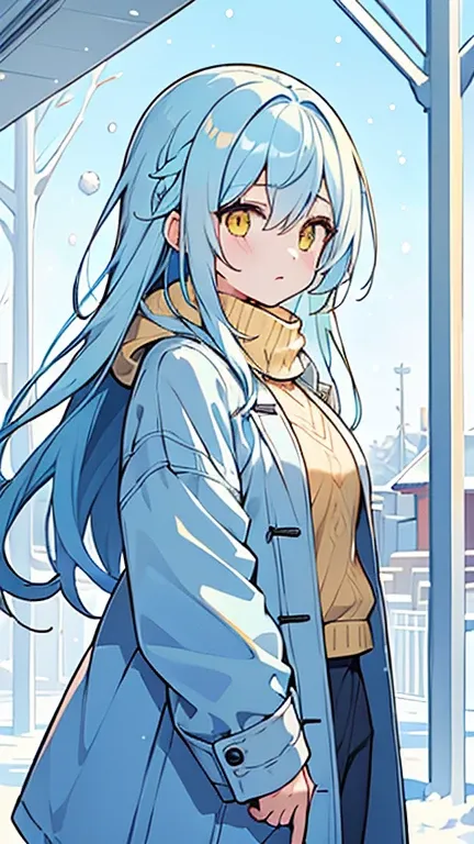 (( A woman with light blue bifurcated hair and yellow eyes)),((Im wearing light blue winter clothes)),bangs, hair between eyes