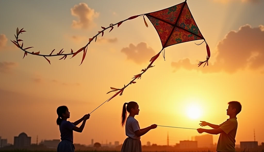 a picture of three Malaysians of different races, from Chinese, Indian and Malay, playing one malaysian traditional kite that has various patterns from Chinese, Indian and Malay, they three pull the rope together, the malaysian traditional kite is  big , w...