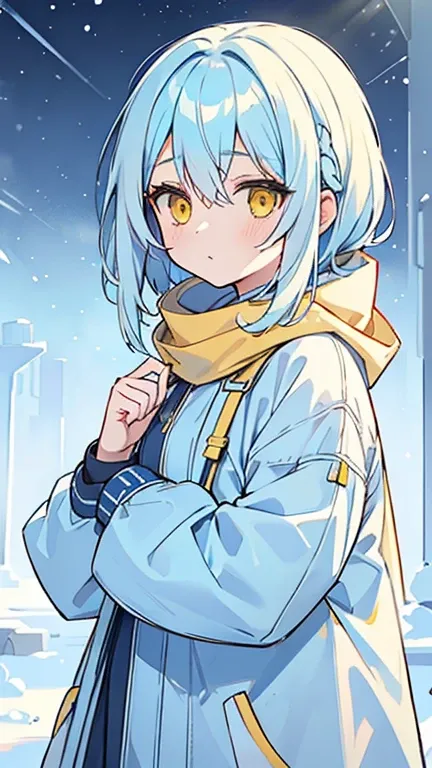 (( A woman with light blue bifurcated hair and yellow eyes)),((Im wearing light blue winter clothes)),bangs, hair between eyes