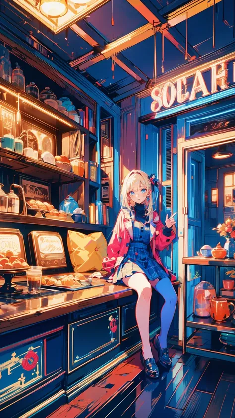 " Detailed illustration of a young girl sting in front of a cozy coffee shop.  she has long blond hair 、  wears a black turtleneck  ,  red skirt  , 、large plaid coat  .  coffee shop behind her  、  warm lighting with visible signs  . the mood is calm peacef...