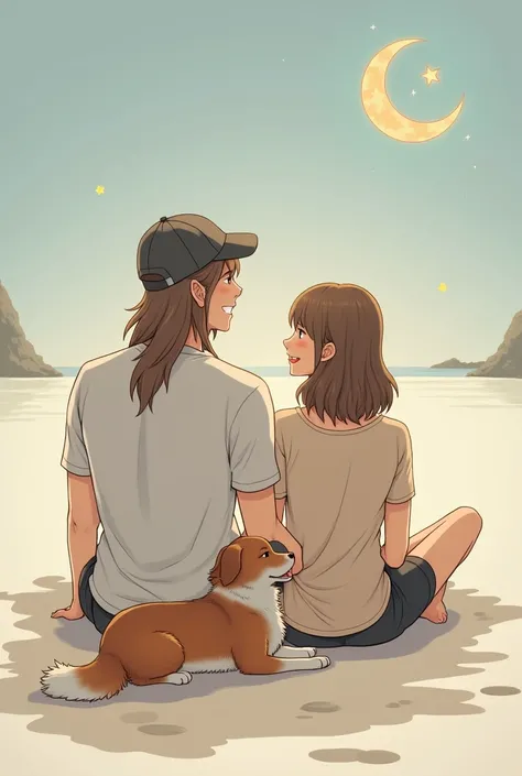 A long-haired man wearing a cap sits smiling facing his back, a woman sitting with a smile facing his back. A short-haired dog in a brown-white short-haired dog, one sitting facing the moon horoscope, in the form of a small toy.