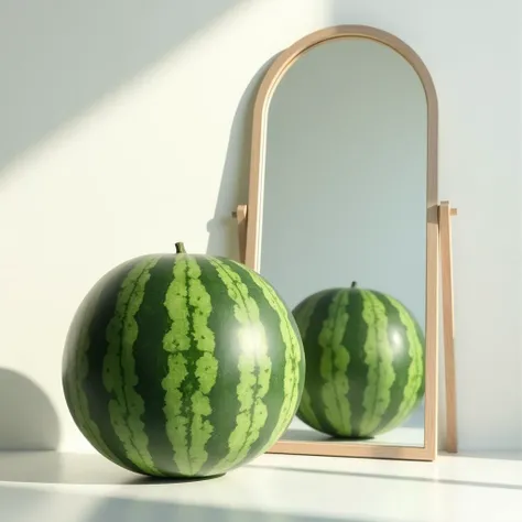 Create an image of a large, whole watermelon placed in front of a full-length mirror. The watermelon is perfectly round, with a rich, vibrant green rind, showcasing its smooth and slightly striped texture. The mirror reflects the watermelon’s shape and siz...