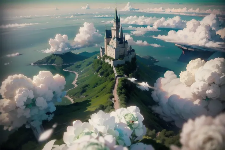  Spectacular CG Matte Painting, A broad perspective, Pale green clouds, Disney Castle, A flower garden above the clouds, Drops of water falling from the clouds, Sea of Pale Green Roses , High-quality images,  Unreal Engine , ArtStation 4k HD Trends  