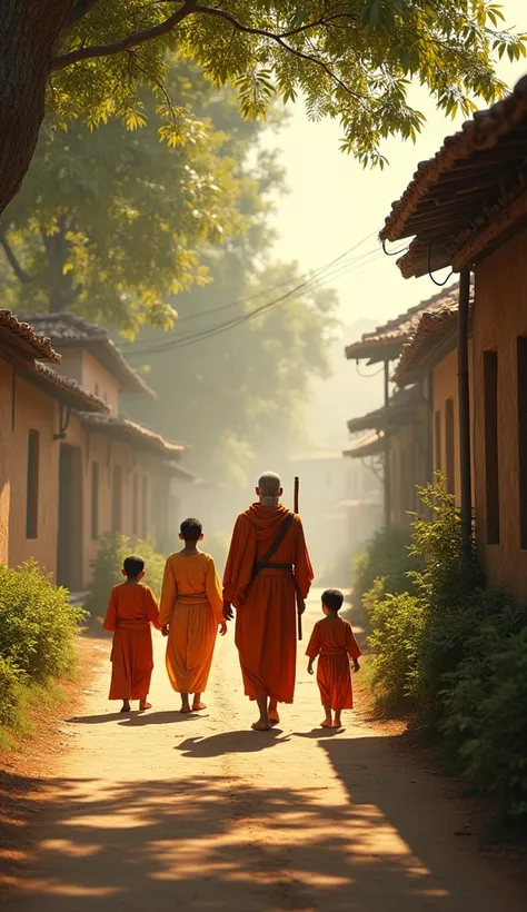 Realistic 4k ultra HD quality image, Morning time, a Guru is walking through a quiet Indian village road talking to his  disciples,