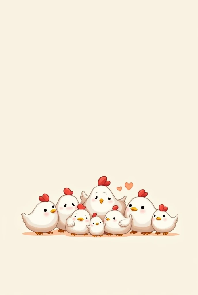  Create multiple cute 2D Cartoon style chickens, simple drawing, white chickens ,  format highlighting that they are small ,  at least 12 chickens  ,  all together as a family . In cartoon 2d style.