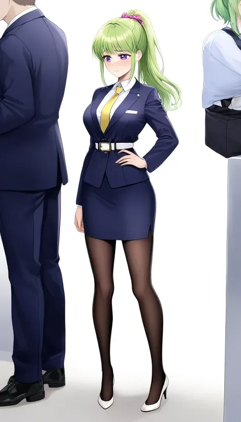 Misuke Iijima、。OL,woman、 green hair、 long hair、 ponytail、 sad face、 full body style that reflects your whole body、 normal breasts、 narrow waist 、Bare legs、Standing beautifully、 in a suit、 navy blue jacket ,襟付き shirt, shirt, yellow tie ,belt,,  Navy Blue Pe...