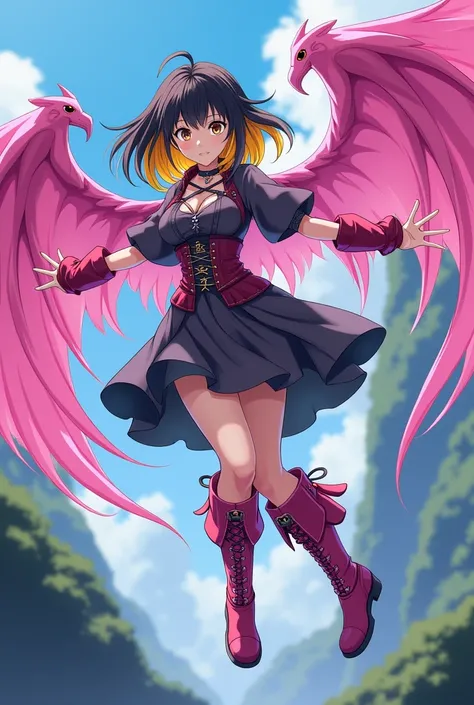  jujutsu kaisen  girl , hair black and yellow ,eye Brown ,
dress ,Pirate Boots Pink ,black Socks ,
wings pink fly  