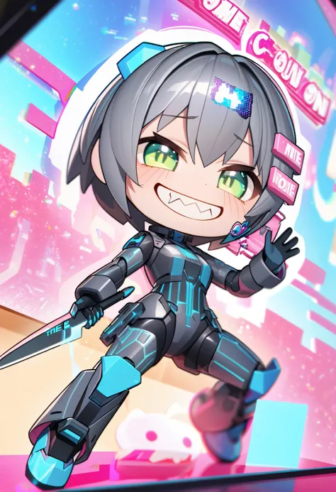 dynamic angle, depth of field, bokeh, a cute chibi android girl mascot with big display head is holding a glitter tactical knife., Featuring large glitching 3D typography that reads "come on!", dirty smile with upper jagged teeth while sticking out tongue,...