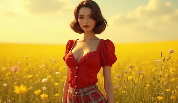 Realistic girl with a retro hairstyle with big breasts in a red shirt with a large neckline in short plaid shorts on the background of a yellow field