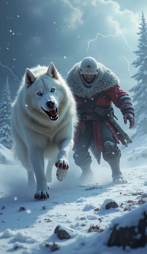 "A fierce and powerful battle between a Siberian Husky and an enemy in a rugged, snow-covered landscape. The husky, with its thick, snowy fur and piercing blue eyes, is locked in a furious confrontation, growling and ready to strike with incredible strengt...