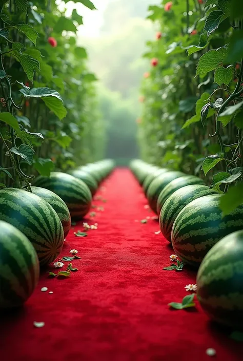 real image of a watermelon garden ,  that has a red carpet walkway in the middle of velvet 