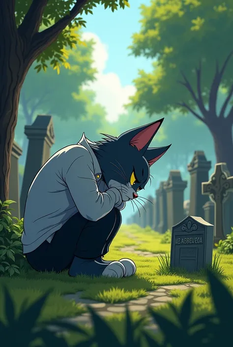 Create me images of the sad cat Tom crying in front of a grave in a beautiful sementery that the cat Tom has pants and a shirt 