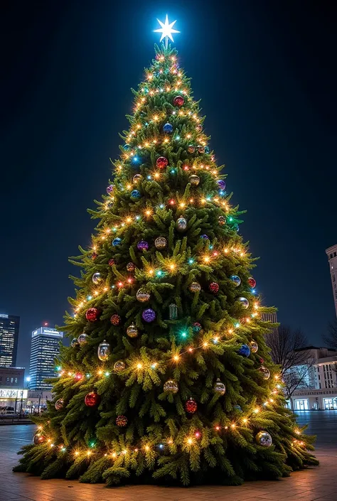 big christmas tree rich decorated with lights Air filter oil filters Fuel filter without background