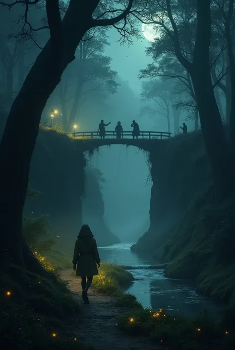  The vast forest at dusk ,  shrouded in mist—trees with gnarled roots towering like ancient sentinels.  Twinkling fireflies ,  led the character along the barely lit footpath invisible .
 They crossed a broken bridge over a quiet and luminous river . On th...