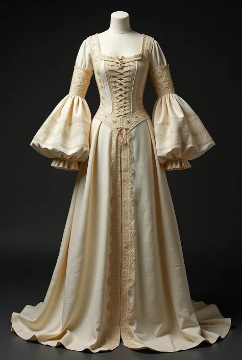 This 17th-century dress showcases a striking dual-sleeve design. The inner sleeve is tightly fitted, hugging the arm to emphasize its shape, while the outer sleeve is wide, slashed, and open, creating a layered and flowing silhouette. The bodice is structu...