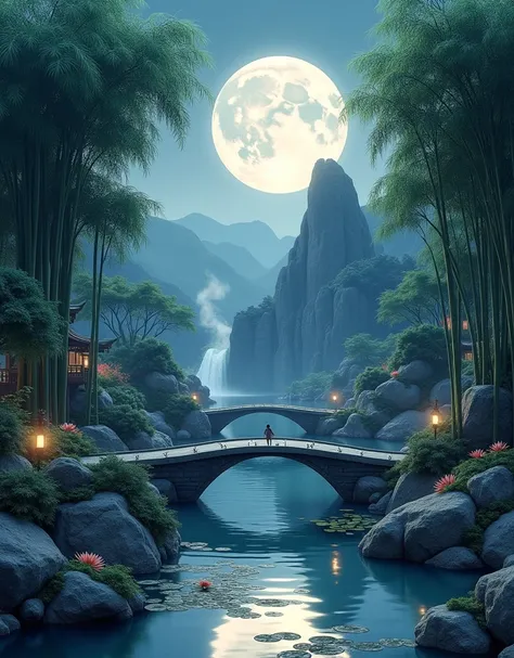 Ancient Chinese cambreitecture, lune, Minuit, jardin, bambou, lac, Pont de pierre, rocherery, cambre, coin, arbre, eau courante, paysage, extérieur, cascade, herbe, rocher, nénuphar, source chaude, vapeur deau, (illustration: 1.0), composition épique, Real...