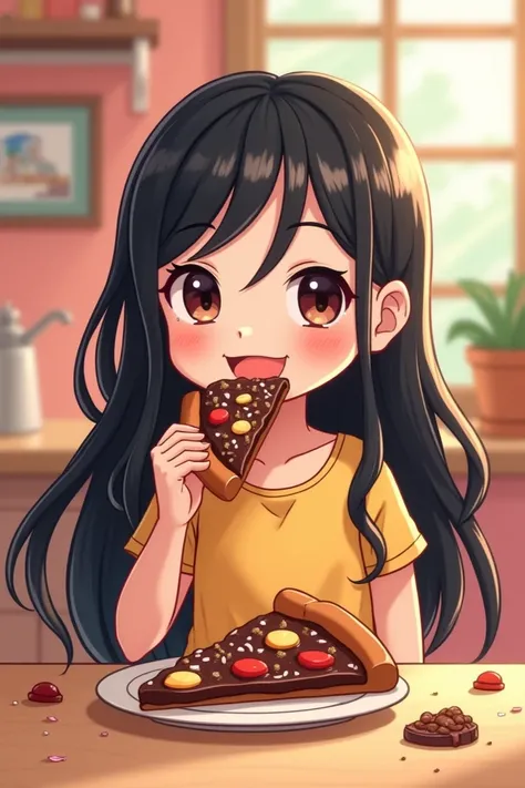 Fassa a black-haired woman eating chocolate pizza cute cartoon version