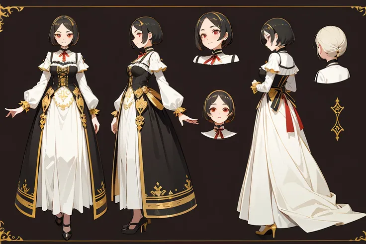 top quality, Detailed face, Character Sheet,(((Young woman:1.5))), ((full length:1.2)), Full of details, several poses and expressions, very detailed, Depth, Young woman, black hair, short hairstyle, red eyes, nice smile, victorian dress black and red, gol...