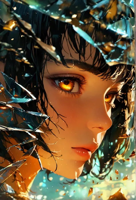 eye of the apocalypse, broken glass shard, brown eyebrows, close up, detailed lighting, UHD, edge lighting, Masterpiece, highest quality, realistic