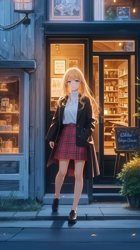 " Detailed illustration of a young girl sting in front of a cozy coffee shop.  she has long blond hair 、  wears a black turtleneck  ,  red skirt  , 、large plaid coat  .  coffee shop behind her  、  warm lighting with visible signs  . the mood is calm peacef...