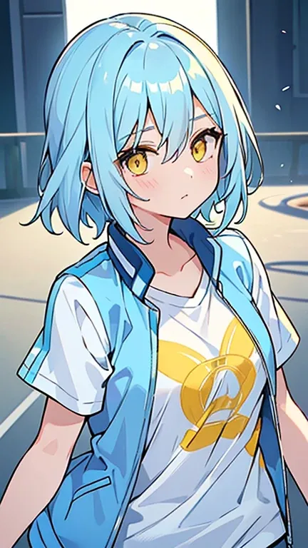 (( A woman with light blue bifurcated hair and yellow eyes)),((I was wearing a white short sleeve tee )),(( Im wearing a light blue baseball jacket)),bangs, hair between eyes