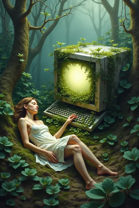 Painting of a sleeping human and a computer that changes shape and blends with nature.