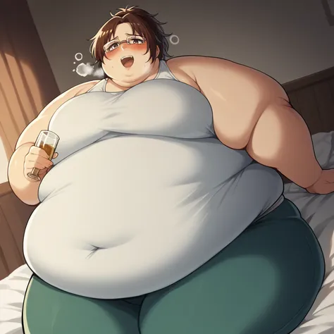 score_9, score_8_up, score_7_up, source_anime, hange zoe, wear cute glasses, swimpants, swimsuit, indoors, bed, bed room, on side, blush, drunk, cowboy shot, solo, dutch angle, looking at viewer, fat, chubby, obese, gigantic arms and legs, large breasts op...