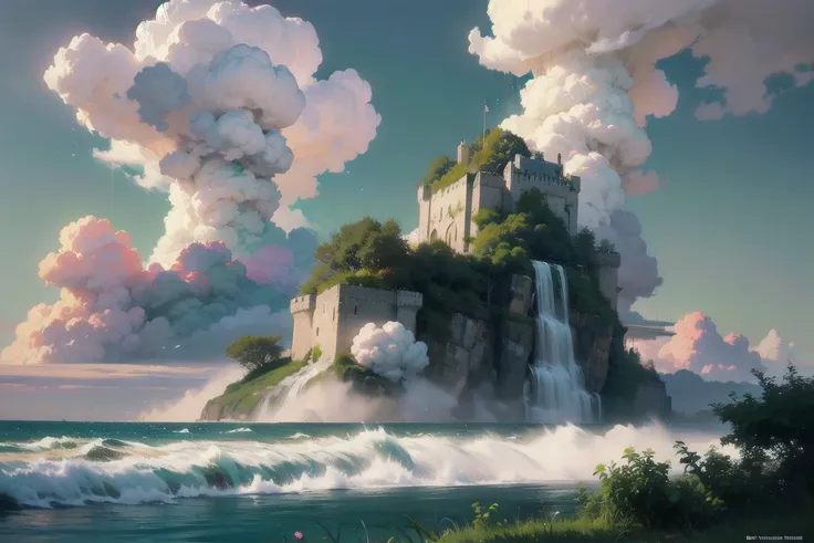  Spectacular CG Matte Painting, A broad perspective, Pale green clouds, Disney Castle, A flower garden above the clouds, Drops of water falling from the clouds, Sea of Pale Green Roses , High-quality images,  Unreal Engine , ArtStation 4k HD Trends  