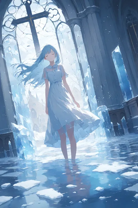 Masterpiece, high quality, high resolution, 16K, illustration by Makoto Shinkai, background detail, digital painting, hyperrealistic, transparency, girl, trapped in ice, long eyelashes, pale skin, long light blue hair, white dress, sleeping standing in ice...