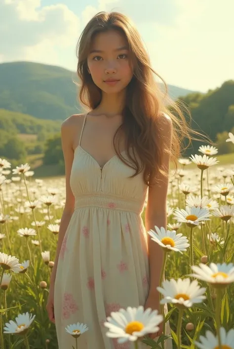 girl in a sundress in a daisy field