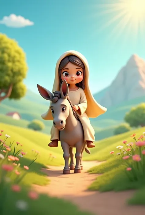 3D cartoon, Virgin Mary riding a donkey
