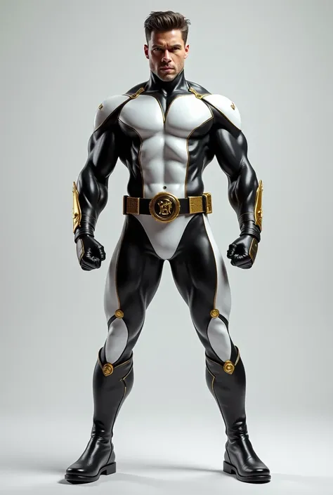 Full-body realistic man of a Gambit from X-Men , muscular ,  wearing a tight white and black latex leather outfit,  with gold gloves and belt and boots . light gray background of the image  