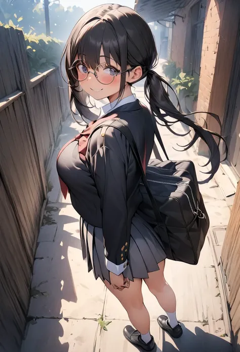 (  Masterpiece  ,   top quality:1.2), 1 girl, Alone,  expressive eyes, Walk with a student bag on your shoulder,  Female College Student, Straight twin-tail with black hair, Round Glasses, Big tits uniform, smile, (from beside), (((full body)))