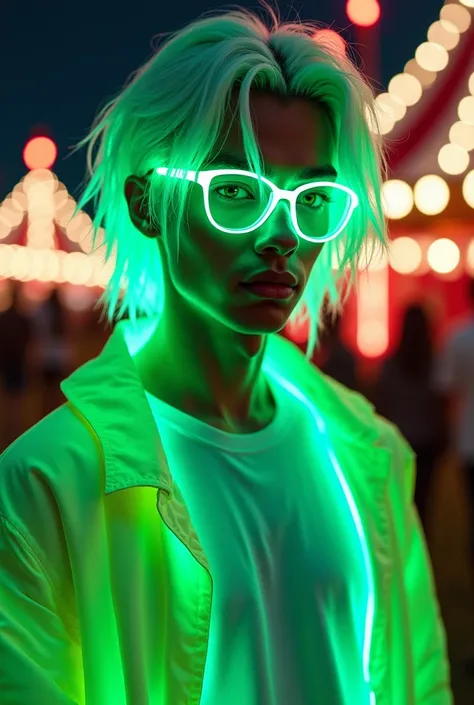 
handsome guy with straight white disheveled hair, neon hair ends, green hair tips, green glasses glow ,  white t-shirt and neon green jacket glows, , stands next to the circus ,  detailed background, masterpiece,  high quality , portrait,  green neon 